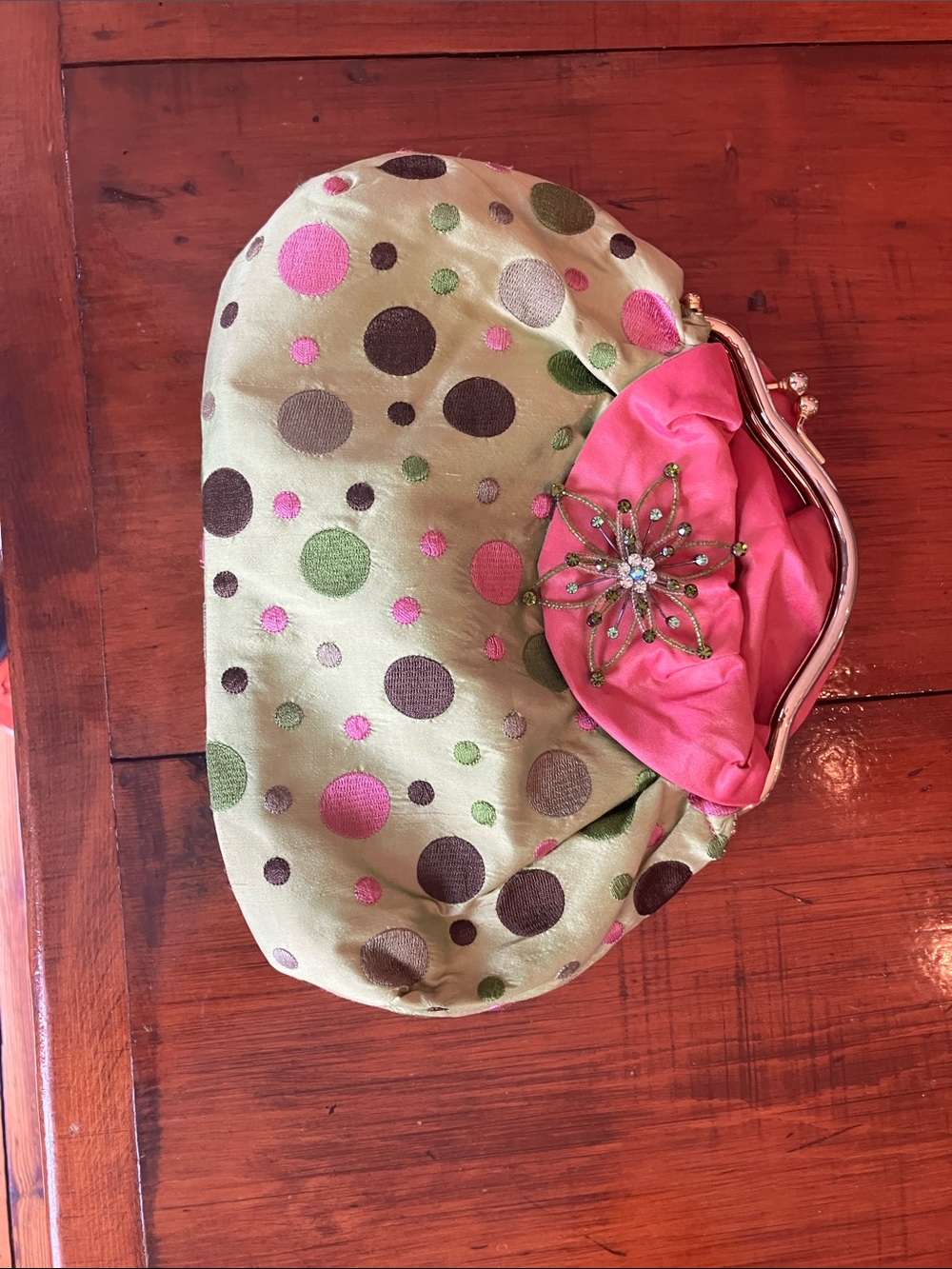 Embellished Polka Dot Satin Clutch in Green and Pink